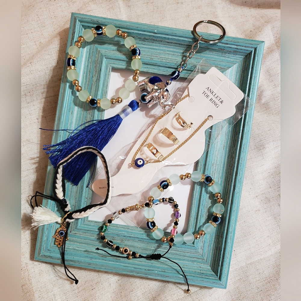Evil Eye Bundle Of 6 Pieces Bracelets, Keychain, Ankle And Toe Rings
